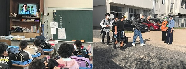 警察と交通安全協会による下校指導